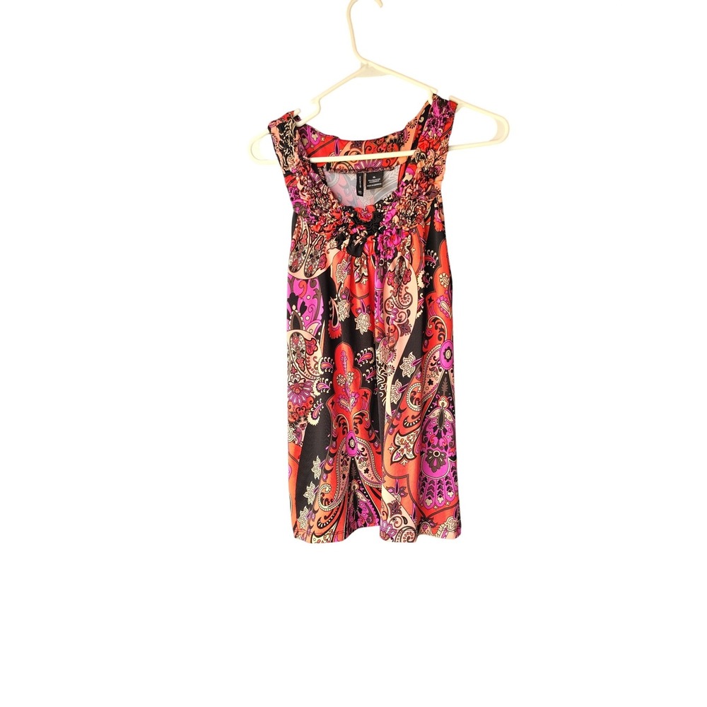 New Directions Womens XL Paisley Sleeveless Ruffle Neck Tank Top Red Pink Orange